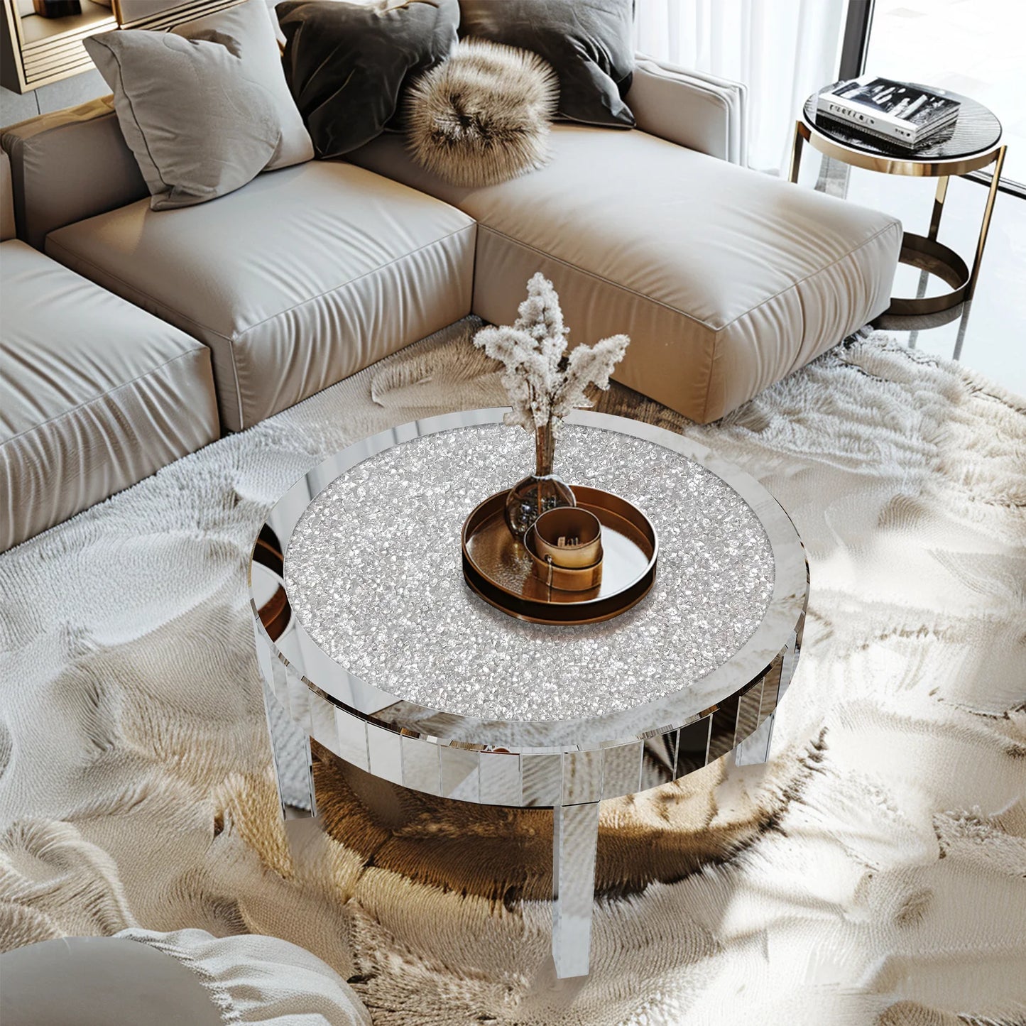 Crystal Inlay Mirrored Round Coffee Table | Silver Luxury - view 2