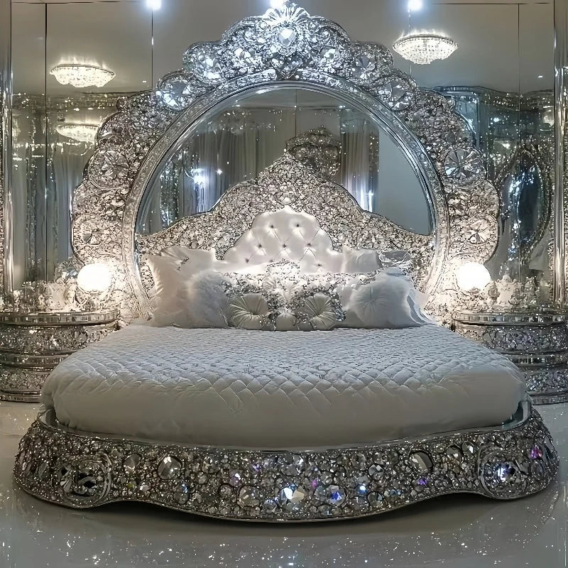 Luxurious bed with crystal embellishments in a showroom setting