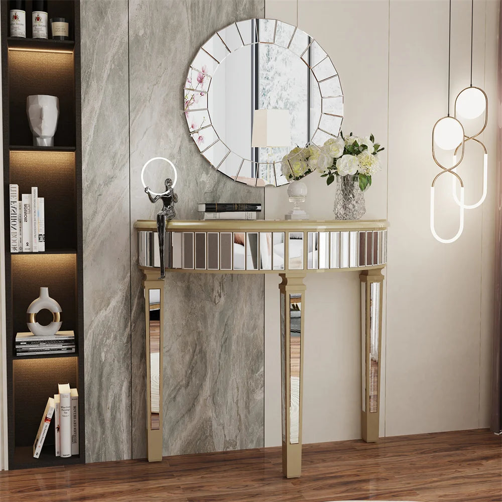 LUVODI Half-Round Mirrored Glass Curved Entryway & Living Room Accent Desk