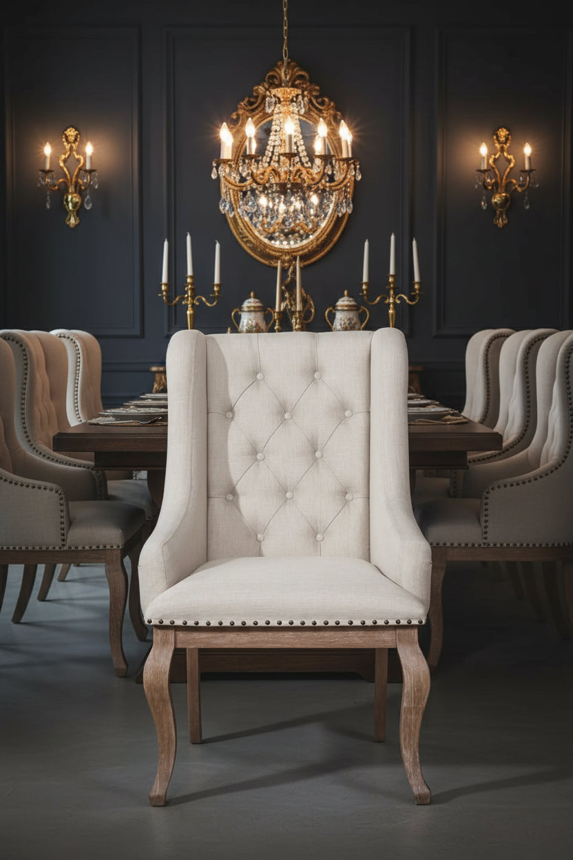 Beige upholstered chair with wooden legs, front-facing to show details Ina ding room setting with wall sconces, candelabras and chandelier