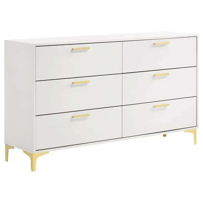 White dresser with gold handles and legs on a white background