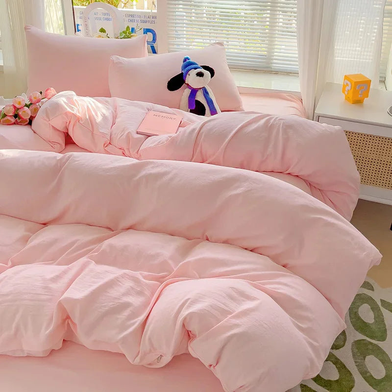 Solid Bed Linen Cotton Bedding Set 4pcs with Sheet Duvet Cover, Pillowcases.