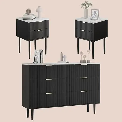 Black bathroom vanity with marble countertop and two matching nightstands on a beige background