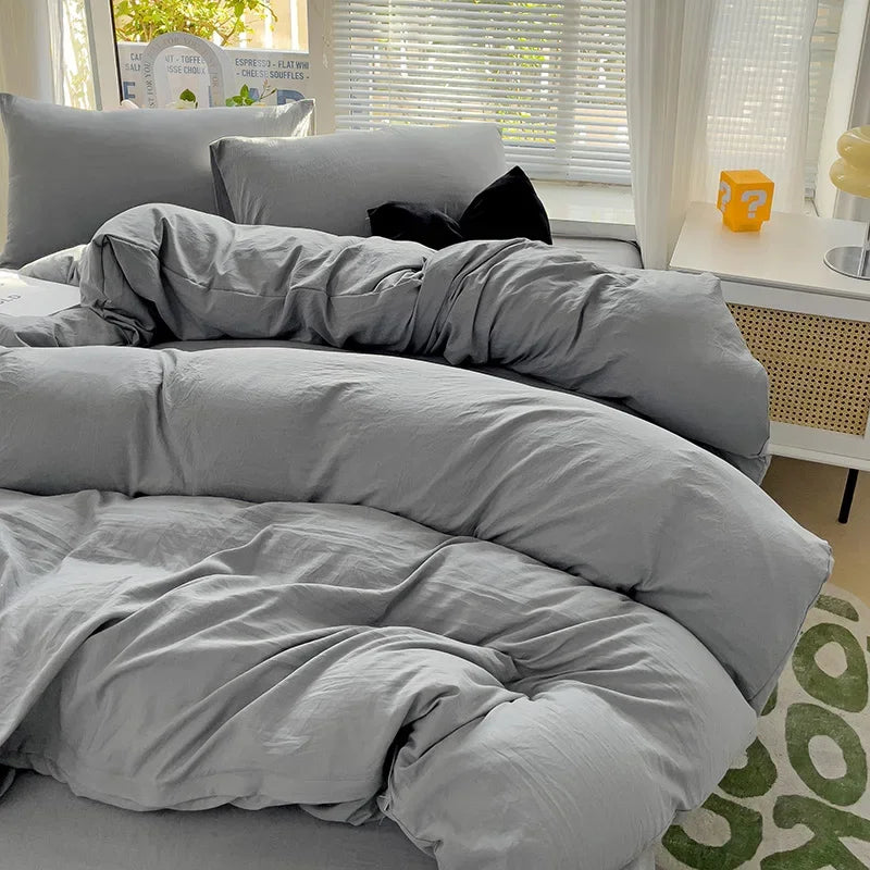 Solid Bed Linen Cotton Bedding Set 4pcs with Sheet Duvet Cover, Pillowcases.