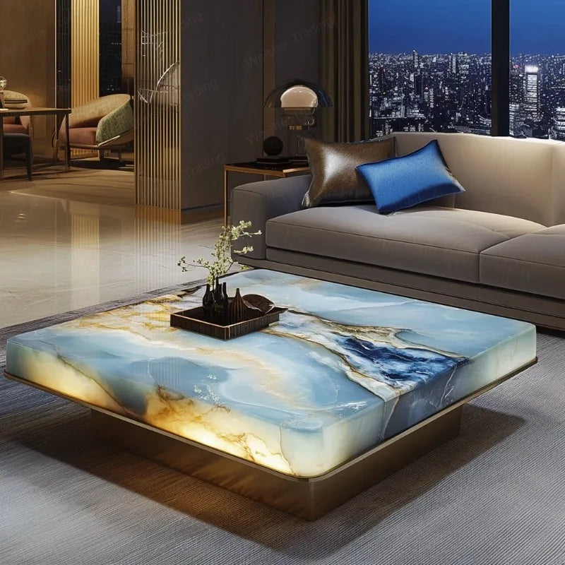 Luminous Jade & Marble Square Coffee Table | Minimalist Luxury - view 6