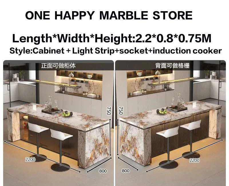Marble countertop with kitchen setup and dimensions displayed, featuring 'One Happy Marble Store' branding.
