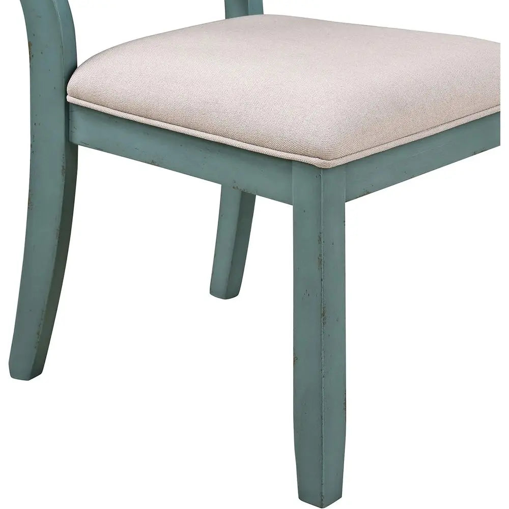 Chair with a light blue frame and beige cushion on a white background