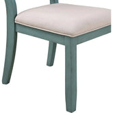 Chair with a light blue frame and beige cushion on a white background