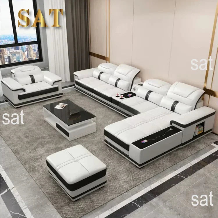 A Nordic Leather Sofa Combination Of Simple Modern Solid Wood Living Room Corner Sofa Multi-functional Storage Sofa Bed - view 6