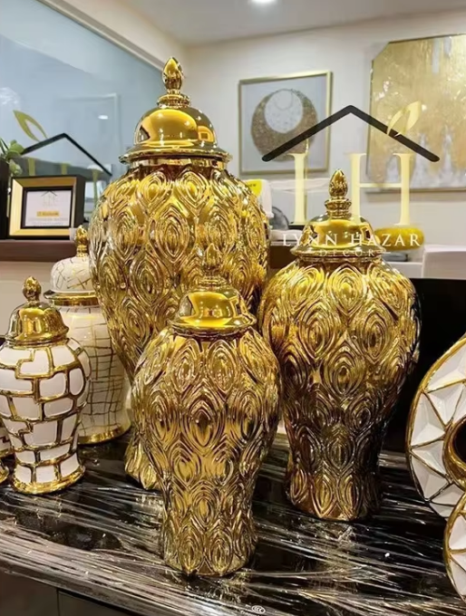 Luxury Pineapple Pattern Electroplated Gold Tall Ceramic Vase