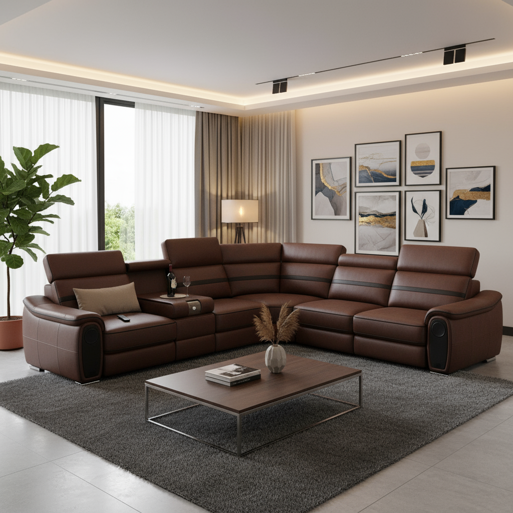 MANBAS Italian Leather Sectional in Luxury Living Room