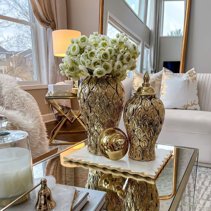 Luxury Pineapple Pattern Electroplated Gold Tall Ceramic Vase